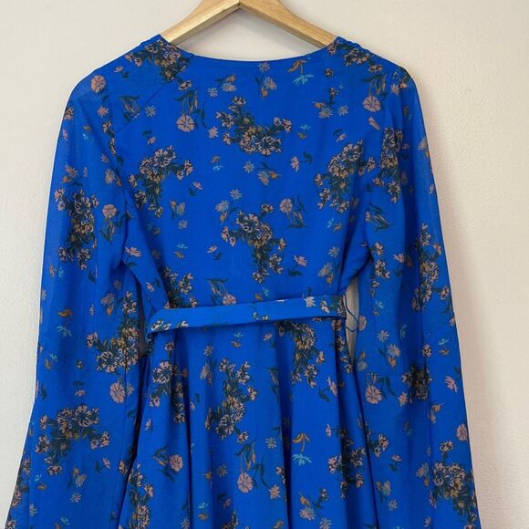 Free People Lilou Printed Mini Dress Fairy Boho Bell Sleeve Cobalt Blue Small - Picture 5 of 12